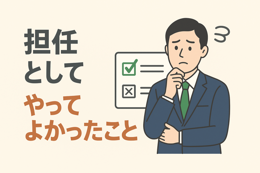 担任としての教員生活で得た喜びと葛藤を象徴するイラスト（教室・夕焼け背景）