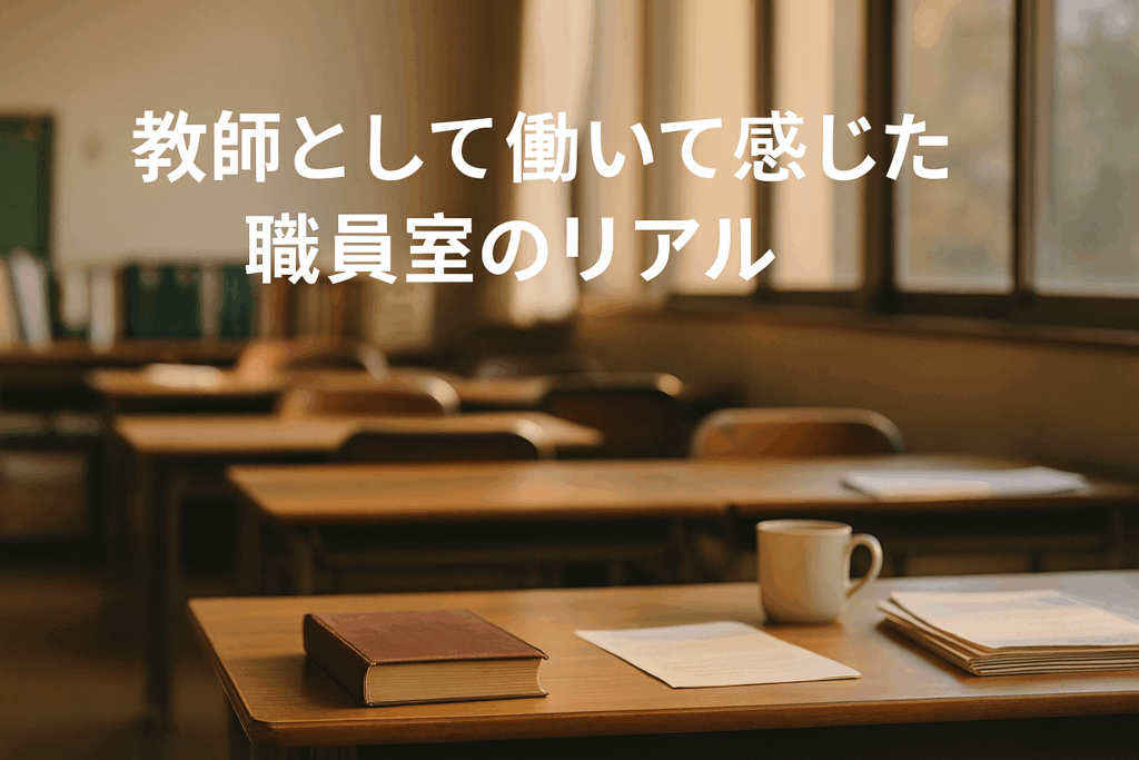 夕方の職員室に差し込む柔らかな日差しの中、木製の机に赤茶の本、白いマグカップ、資料が並べられた穏やかな風景。中央には「教師として働いて感じた 職員室のリアル」という日本語タイトルが白抜きで重ねられている。温かみと現実味のある雰囲気を伝えるアイキャッチ画像。