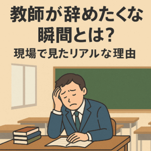 教師が辞めたくなる瞬間とは？現場で見たリアルな理由」という日本語タイトルと、頭を抱えて悩む男性教師のイラストが描かれたアイキャッチ画像。教室の黒板や机が背景にあり、教師の苦悩や葛藤を象徴している。