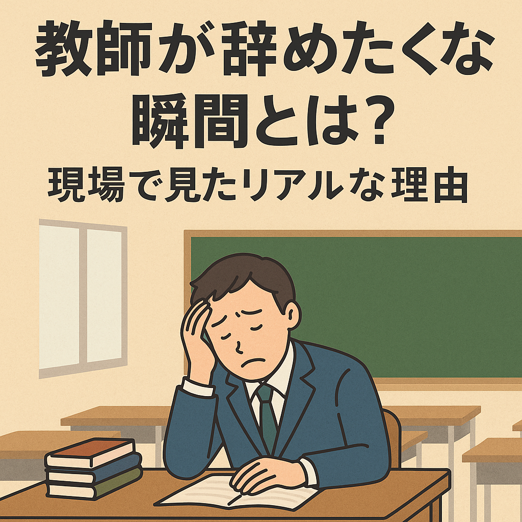 教師が辞めたくなる瞬間とは？現場で見たリアルな理由」という日本語タイトルと、頭を抱えて悩む男性教師のイラストが描かれたアイキャッチ画像。教室の黒板や机が背景にあり、教師の苦悩や葛藤を象徴している。