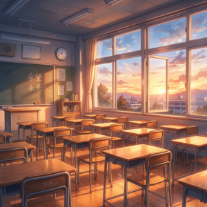 夕日が差し込む暖かく希望に満ちた教室のエモーショナルなイラス