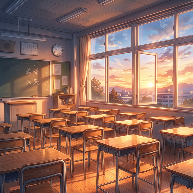 夕日が差し込む暖かく希望に満ちた教室のエモーショナルなイラス